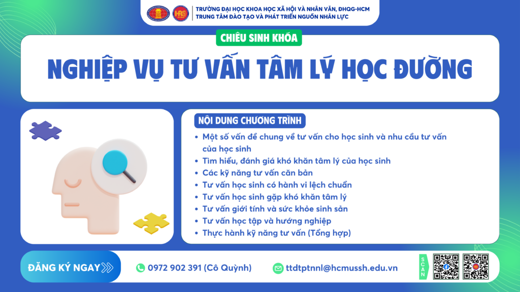 Nghiệp vụ Tư vấn tâm lý học đường (Khóa 30) – Dự kiến khai giảng 18/11/2024