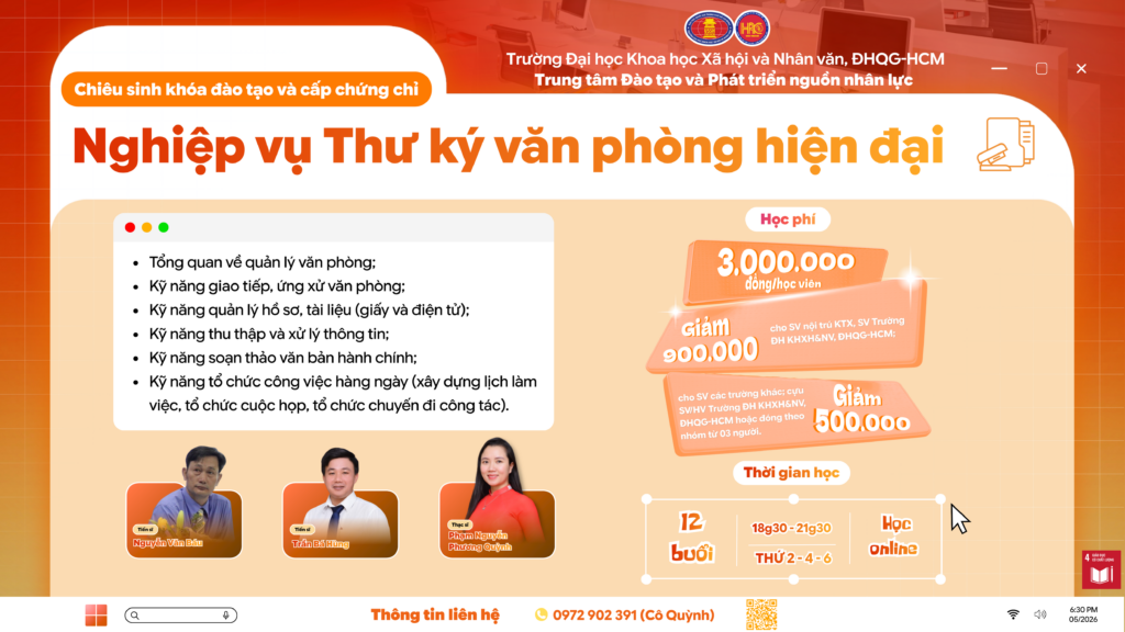 Nghiệp vụ Thư ký văn phòng hiện đại (Khóa 10) – Dự kiến khai giảng 17/06/2026