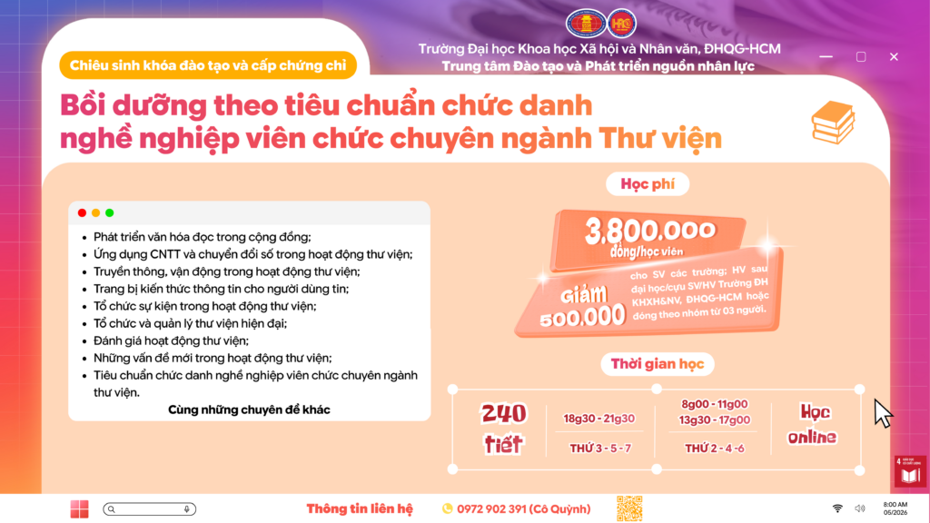 Bồi dưỡng theo tiêu chuẩn chức danh nghề nghiệp viên chức chuyên ngành Thư viện (Khóa 4) – Dự kiến khai giảng 20/06/2026