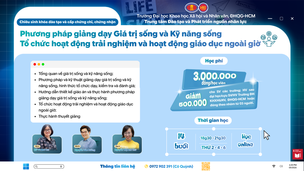 Phương pháp giảng dạy Giá trị sống và Kỹ năng sống – Tổ chức hoạt động trải nghiệm và hoạt động giáo dục ngoài giờ (Khóa 34) – Dự kiến khai giảng 29/06/2026