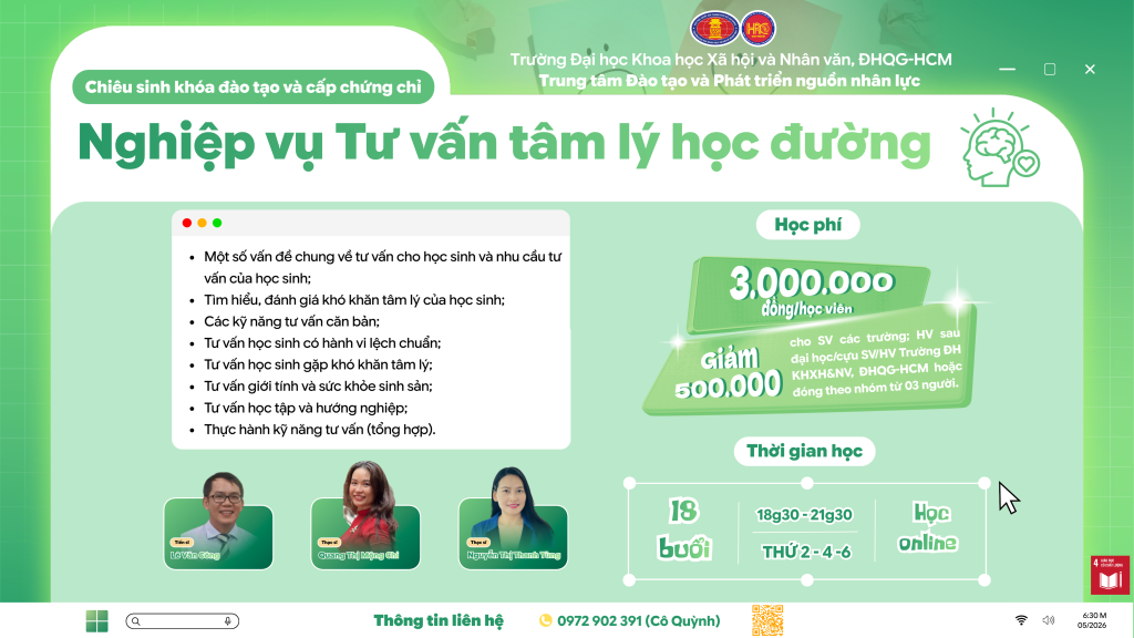 Nghiệp vụ Tư vấn tâm lý học đường (Khóa 42) – Dự kiến khai giảng 22/06/2026
