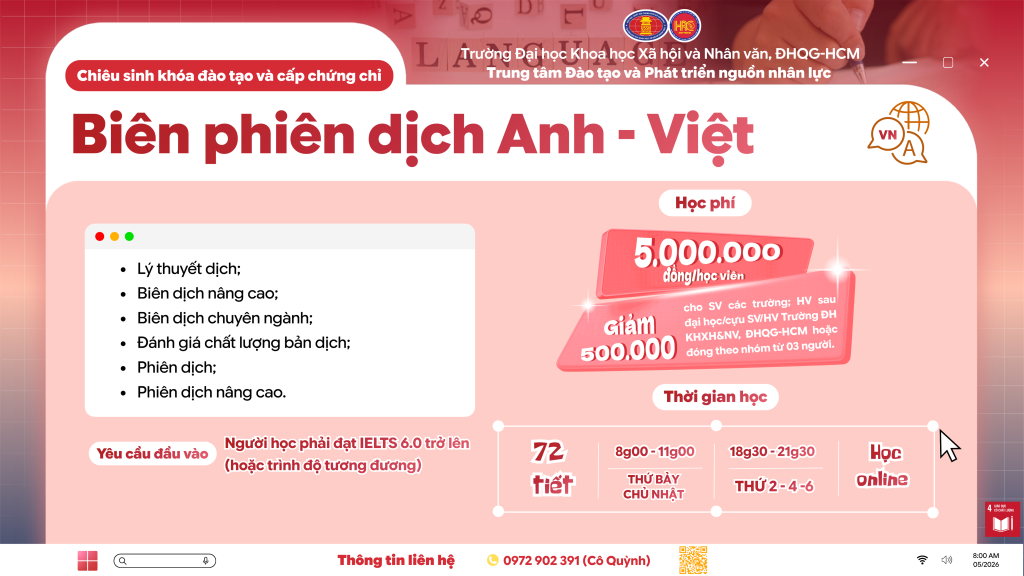 Biên phiên dịch Anh – Việt (Khóa 5) – Dự kiến khai giảng 27/06/2026