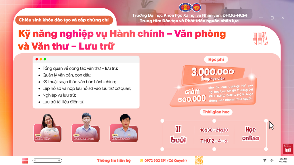 Kỹ năng nghiệp vụ Hành chính – Văn phòng và Văn thư – Lưu trữ (Khóa 24) – Dự kiến khai giảng 15/07/2026