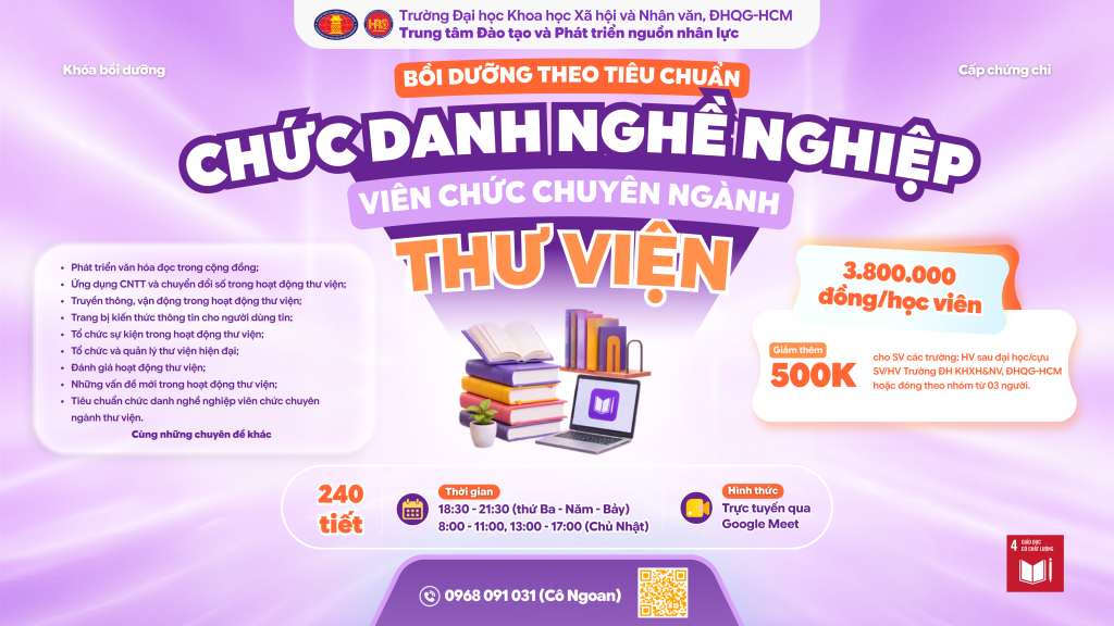 Bồi dưỡng theo tiêu chuẩn chức danh nghề nghiệp viên chức chuyên ngành Thư viện (Khóa 5) – Dự kiến khai giảng 04/08/2026