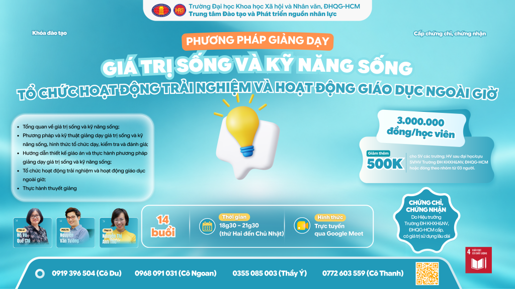 Phương pháp giảng dạy Giá trị sống và Kỹ năng sống – Tổ chức hoạt động trải nghiệm và hoạt động giáo dục ngoài giờ (Khóa 35) – Học ngày 04/08/2026